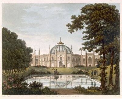 Brighton Pavilion: Voorgesteld uitzicht op de tuin met een deel van Brighton Pavilion op de achtergrond, gegraveerd door J. C. Stadler, c.1816 door Humphry Repton